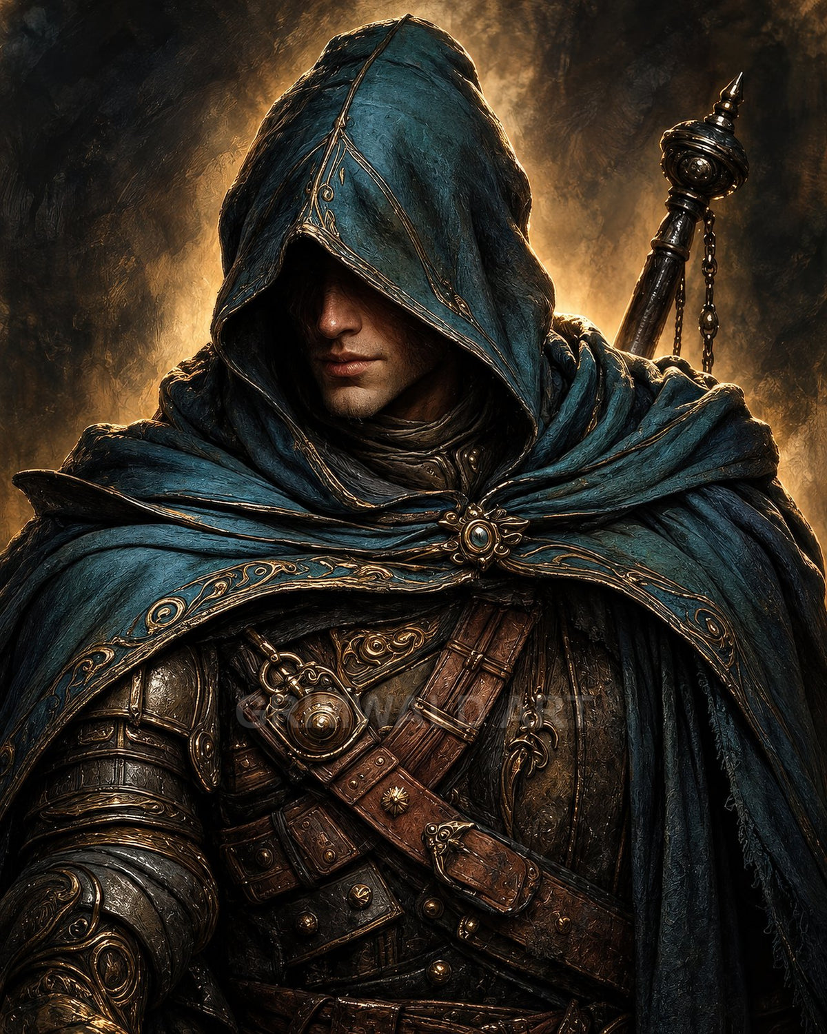 Hooded male wizard in ornate armour and teal cloak, face half-shadowed, carrying a staff, bathed in warm firelight against a dark, textured background.