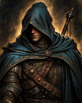 GRID THUMBNAIL — Hooded male wizard in ornate armour and teal cloak, face half-shadowed, carrying a staff, bathed in warm firelight against a dark, textured background.