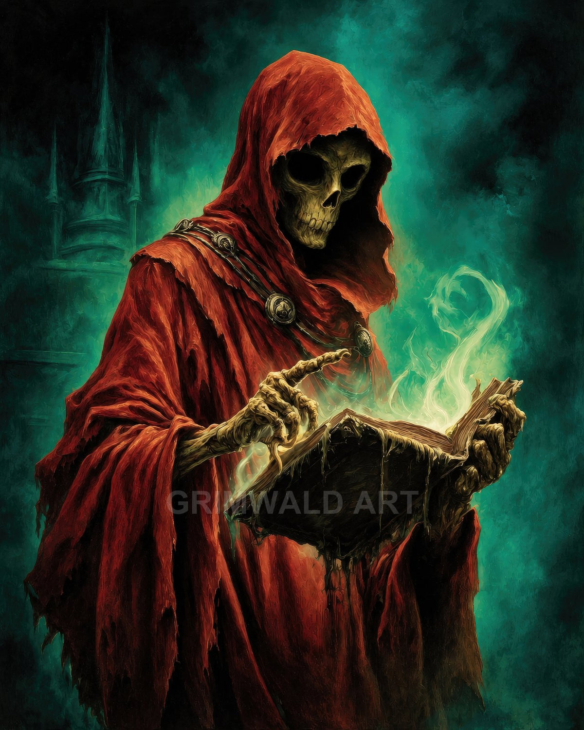 A hooded skeleton in a red robe reads a dripping spellbook as green flames coil upward, against a teal backdrop with distant gothic spires.