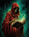GRID THUMBNAIL — A hooded skeleton in a red robe reads a dripping spellbook as green flames coil upward, against a teal backdrop with distant gothic spires.