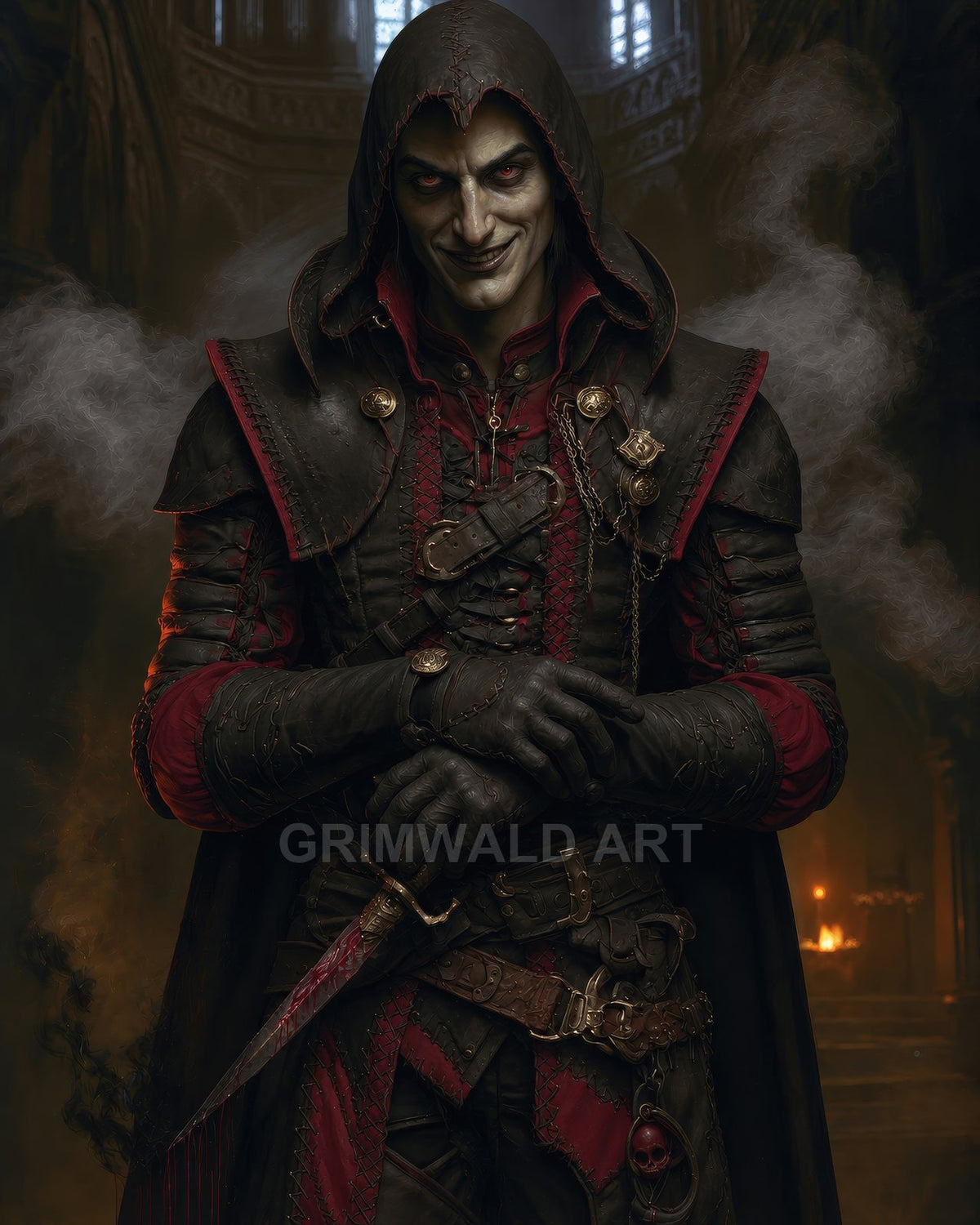 Hooded male vampire in red-trimmed leather armour holds a bloodstained dagger inside a firelit cathedral, smoke drifting behind his sinister, smiling face.