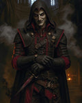 GRID THUMBNAIL — Hooded male vampire in red-trimmed leather armour holds a bloodstained dagger inside a firelit cathedral, smoke drifting behind his sinister, smiling face.