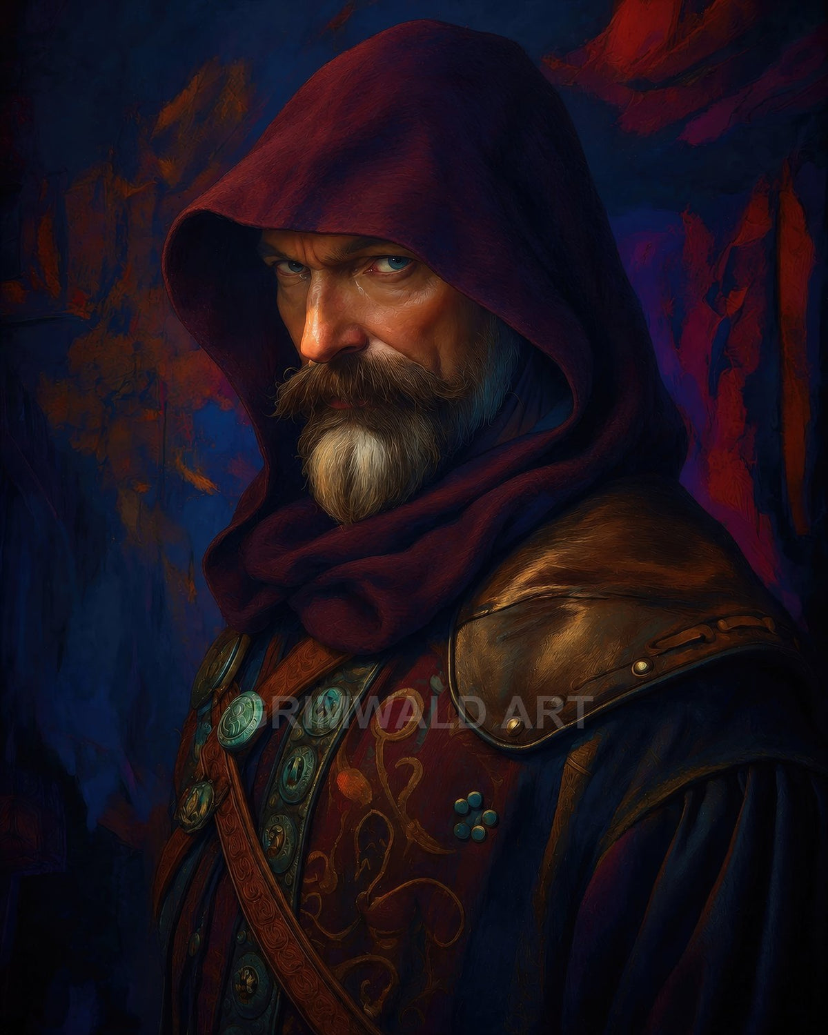Portrait of a stern, bearded man in a hood and leather pauldron, firelit against deep blue shadows, adorned with ornate clasps and embroidery.
