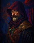 GRID THUMBNAIL — Portrait of a stern, bearded man in a hood and leather pauldron, firelit against deep blue shadows, adorned with ornate clasps and embroidery.