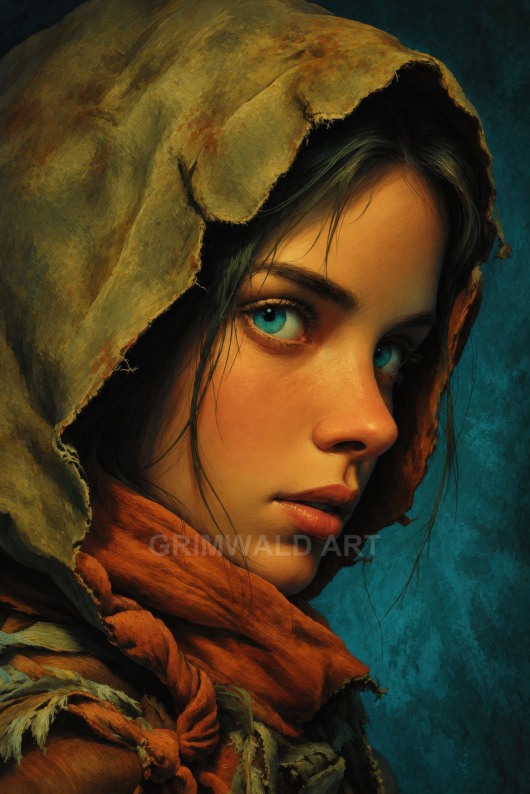 Close-up portrait of a young woman wearing a tattered hood and orange scarf, teal background, piercing blue eyes, moody fantasy character.