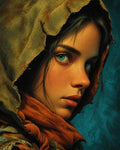 GRID THUMBNAIL — Close-up portrait of a young woman wearing a tattered hood and orange scarf, teal background, piercing blue eyes, moody fantasy character.