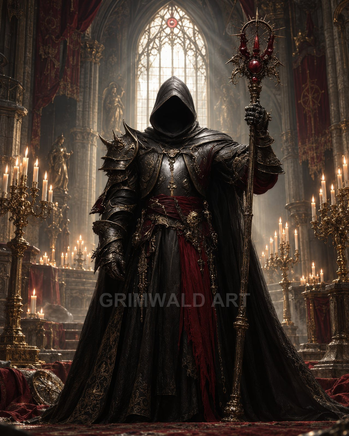 Hooded warlock in ornate black armour holding a gilded staff stands in a candlelit gothic cathedral, red banners and shafts of light behind.