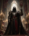 GRID THUMBNAIL — Hooded warlock in ornate black armour holding a gilded staff stands in a candlelit gothic cathedral, red banners and shafts of light behind.