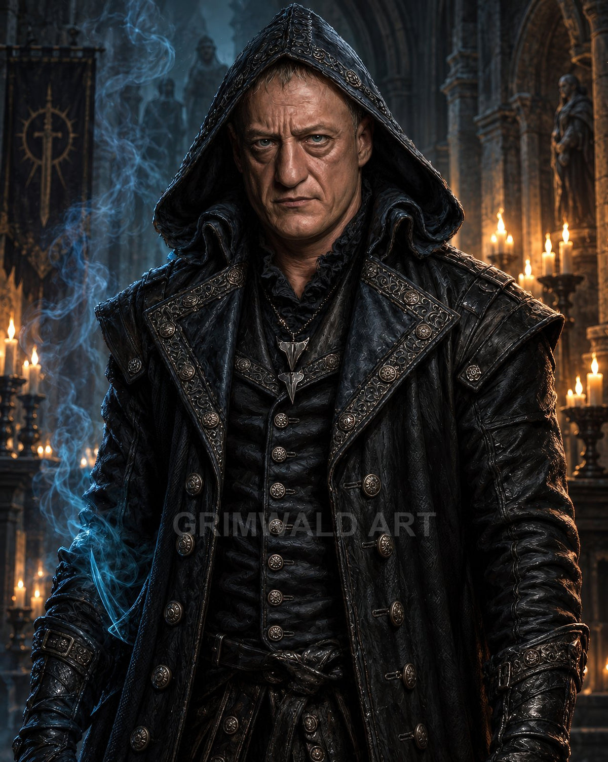 A stern hooded man in ornate black leathers stands in a candlelit gothic cathedral, faint blue smoke curling around him, pendant at his chest.