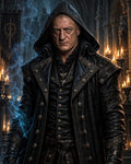 GRID THUMBNAIL — A stern hooded man in ornate black leathers stands in a candlelit gothic cathedral, faint blue smoke curling around him, pendant at his chest.