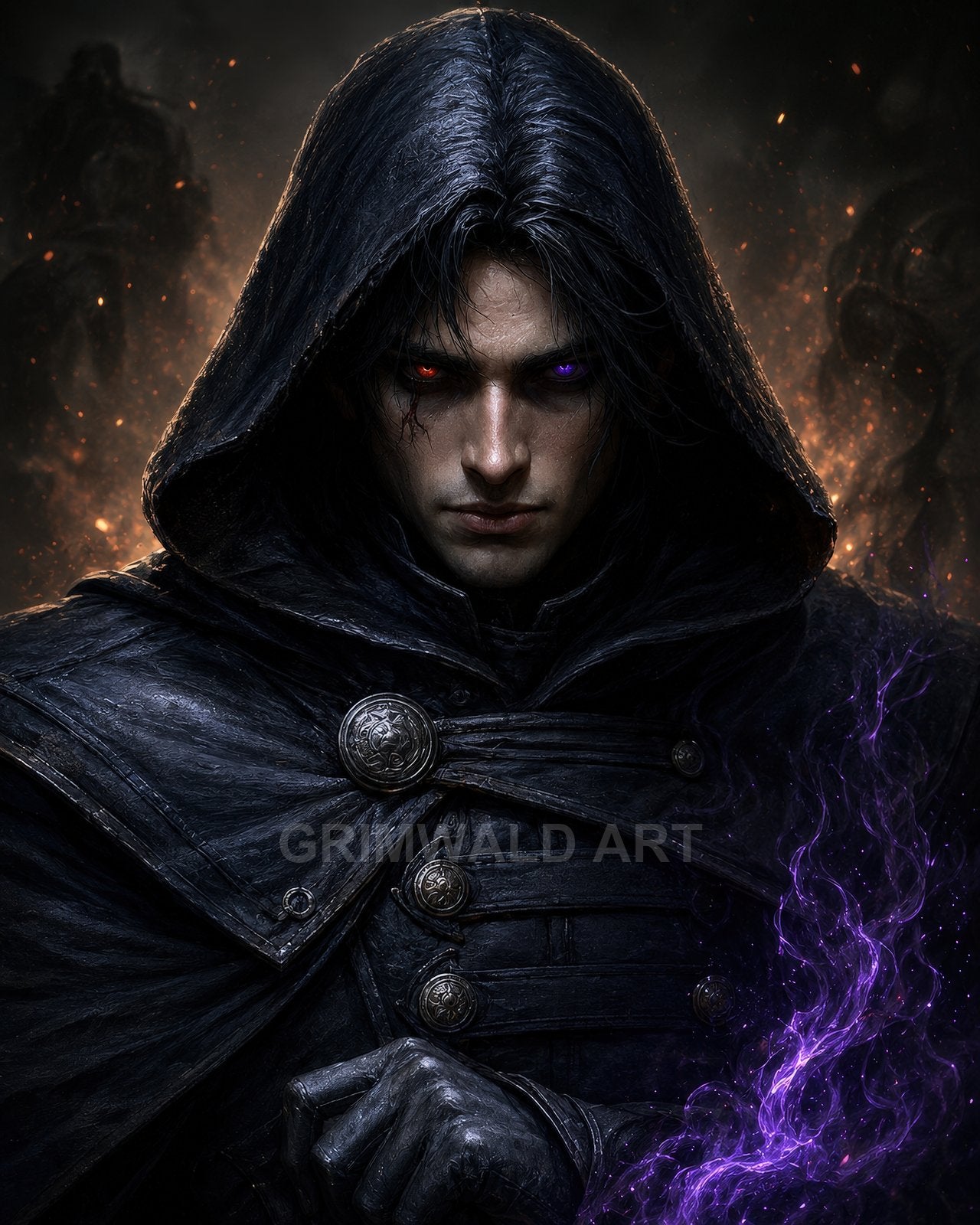 Dark-haired man in a hooded black cloak stares ahead with red and violet eyes, purple magic swirling around his gloved hand amid embers.
