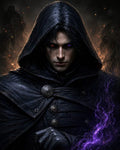 GRID THUMBNAIL — Dark-haired man in a hooded black cloak stares ahead with red and violet eyes, purple magic swirling around his gloved hand amid embers.