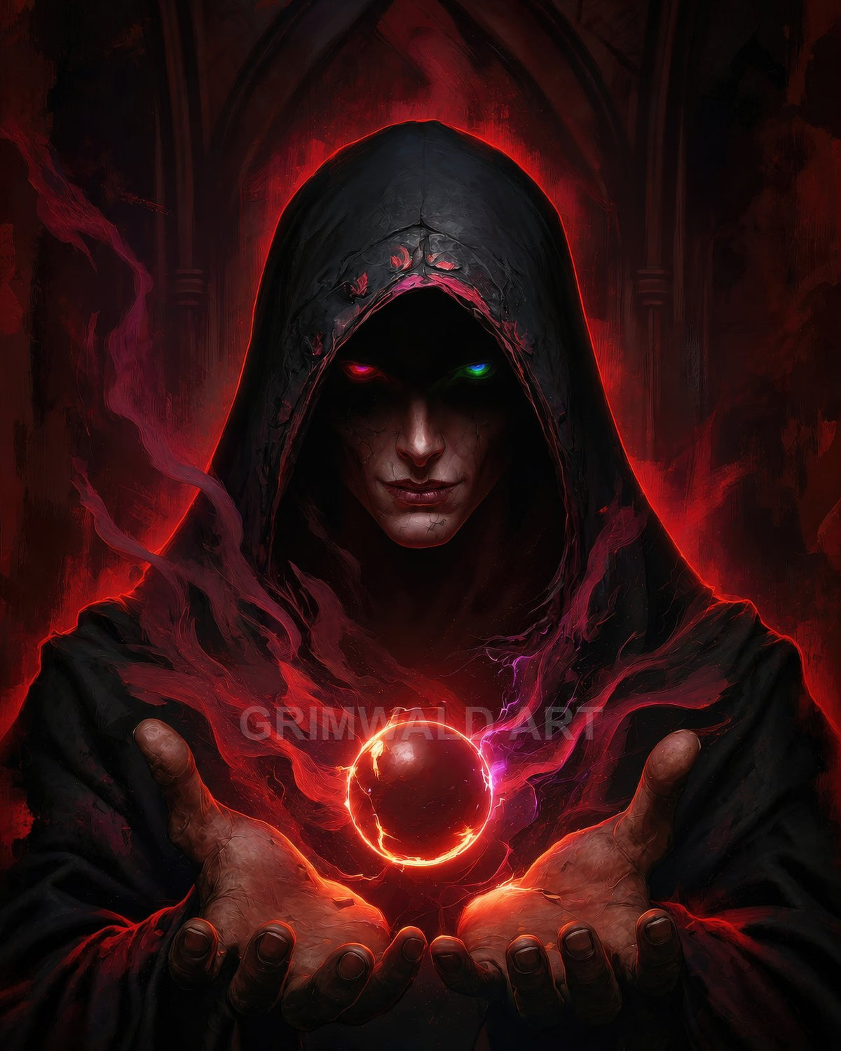 A hooded warlock with mismatched glowing eyes conjures a fiery red orb between outstretched hands inside a shadowed gothic cathedral, smoke swirling.
