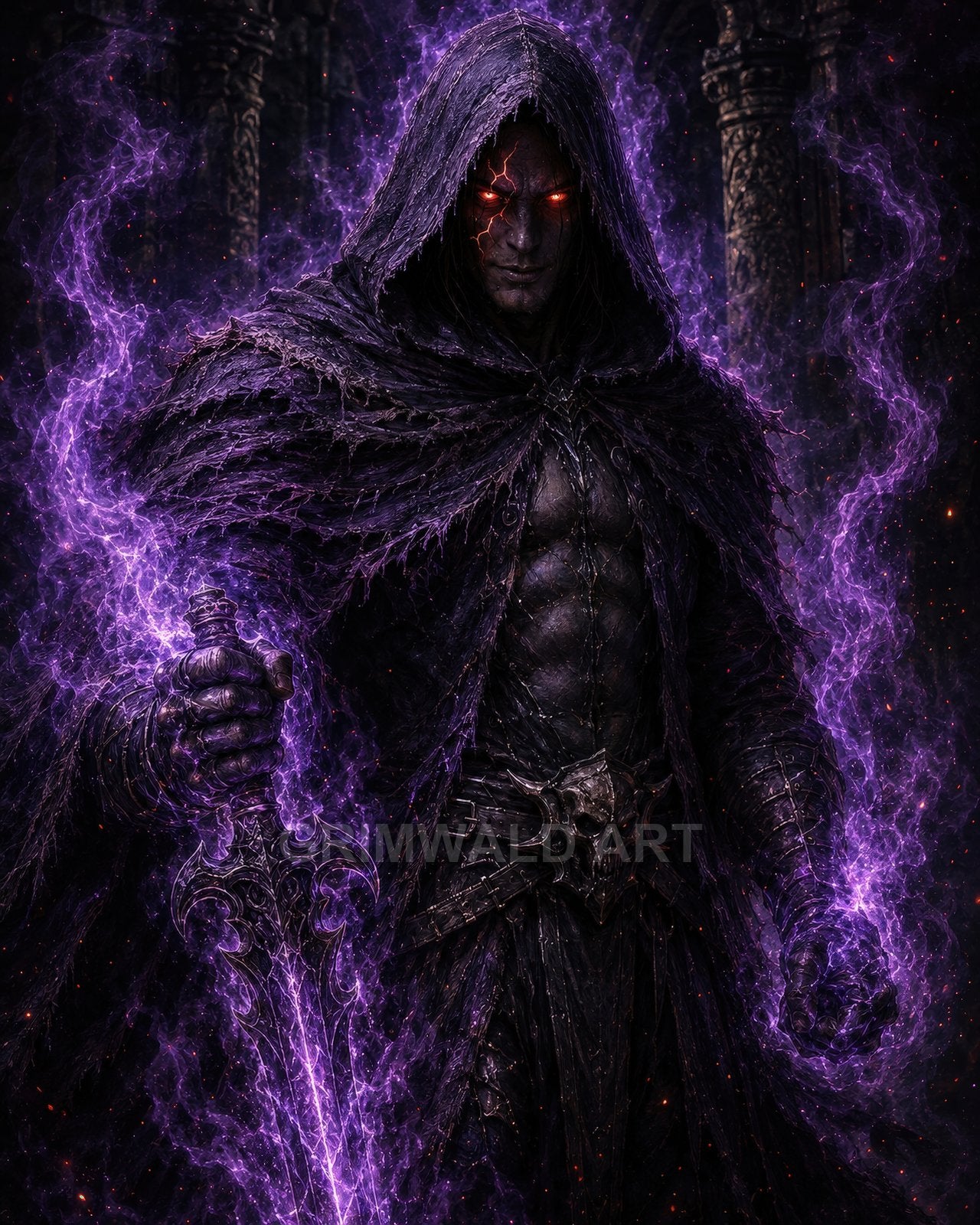 Hooded armoured man with glowing red eyes holds an ornate sword as purple magical energy swirls around him in a dark ruined hall.