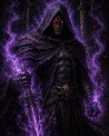 GRID THUMBNAIL — Hooded armoured man with glowing red eyes holds an ornate sword as purple magical energy swirls around him in a dark ruined hall.