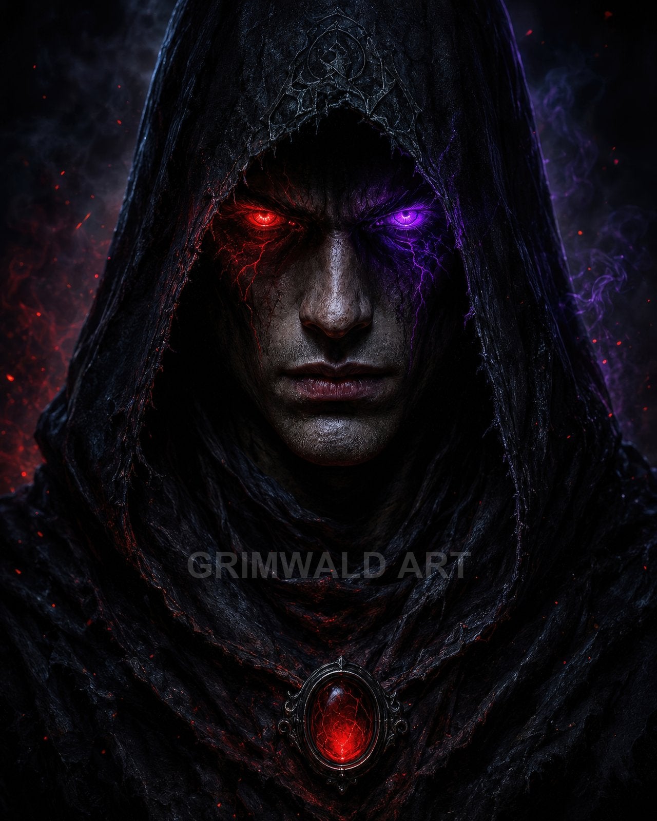 Close-up portrait of a hooded male warlock with cracked skin, glowing red and purple eyes, and a radiant red amulet amid swirling dark smoke.