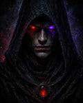 GRID THUMBNAIL — Close-up portrait of a hooded male warlock with cracked skin, glowing red and purple eyes, and a radiant red amulet amid swirling dark smoke.