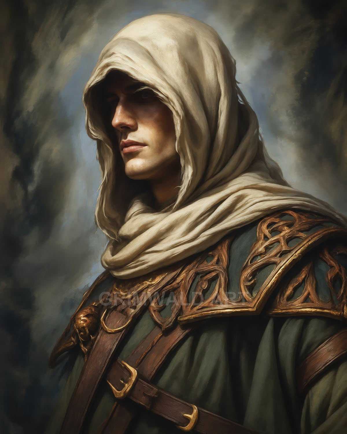 Portrait of a hooded male adventurer in green robes and ornate leather armour, gazing sideways against a moody, painterly, clouded background.