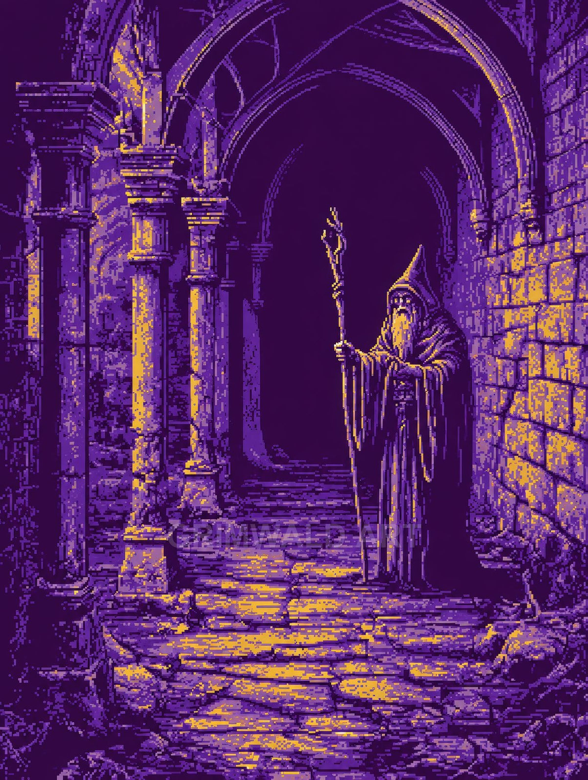 Pixel art shows a hooded wizard with staff moving through crumbling gothic arches, purple and gold light pooling across rough stone floor at night.