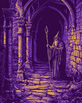 GRID THUMBNAIL — Pixel art shows a hooded wizard with staff moving through crumbling gothic arches, purple and gold light pooling across rough stone floor at night.