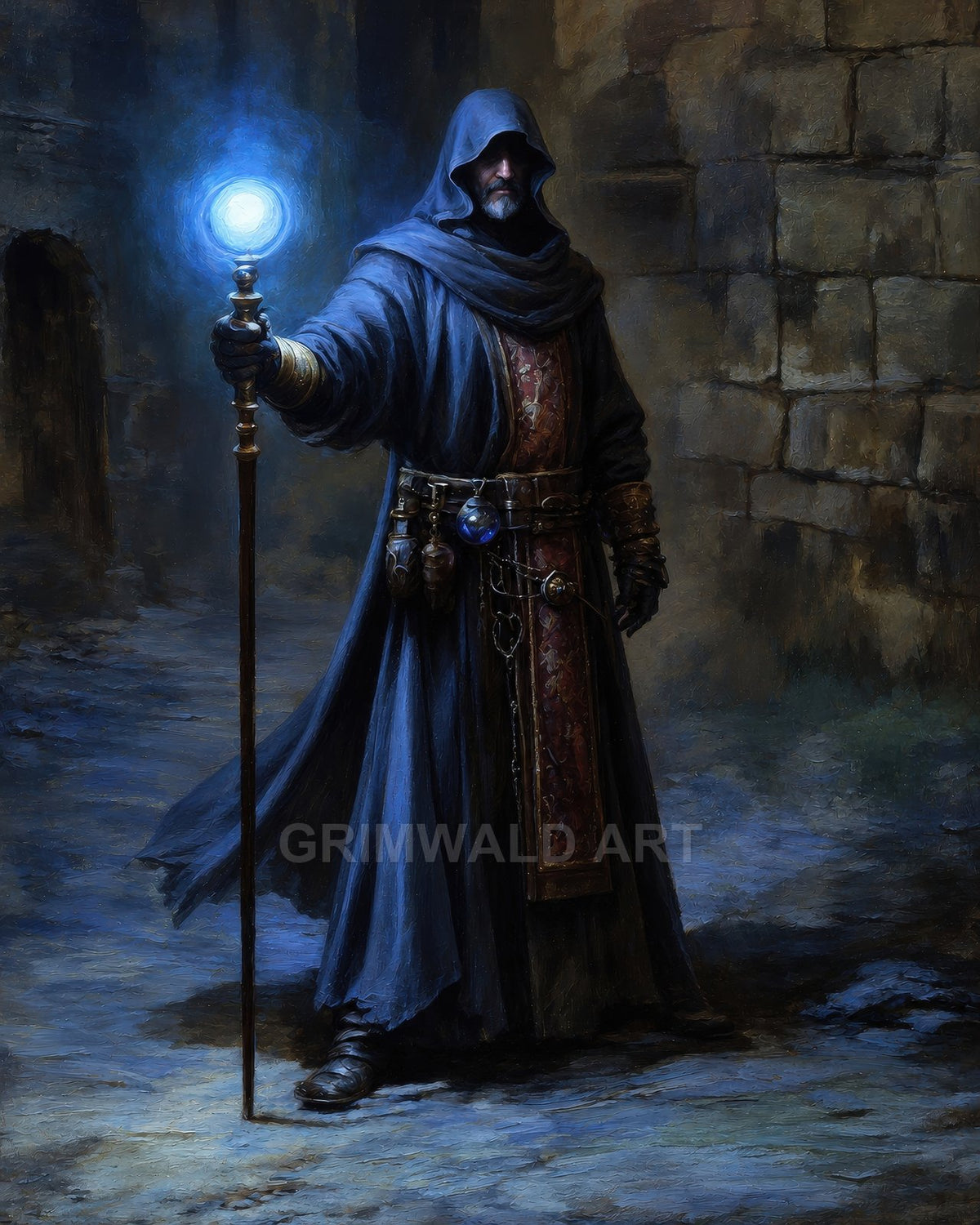 A hooded male wizard in blue robes raises a glowing staff, standing against weathered stone walls in a shadowy dungeon passage at night.