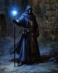 GRID THUMBNAIL — A hooded male wizard in blue robes raises a glowing staff, standing against weathered stone walls in a shadowy dungeon passage at night.