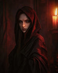 GRID THUMBNAIL — A hooded woman in a dark red cloak stares intensely, lit by a single dripping candle in a shadowy interior with deep red tones.
