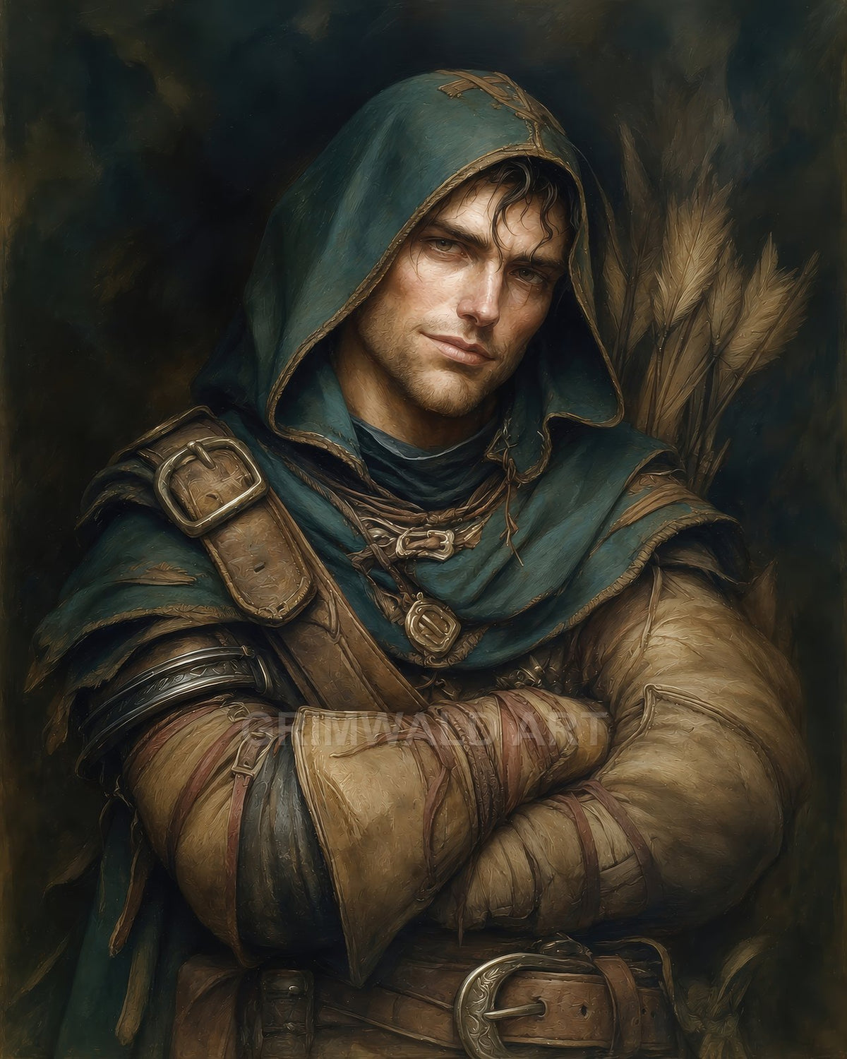 Portrait of a hooded male ranger in green cloak and leather armour, arms crossed, quiver of arrows over his shoulder against a dark, moody background.
