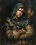 GRID THUMBNAIL — Portrait of a hooded male ranger in green cloak and leather armour, arms crossed, quiver of arrows over his shoulder against a dark, moody background.