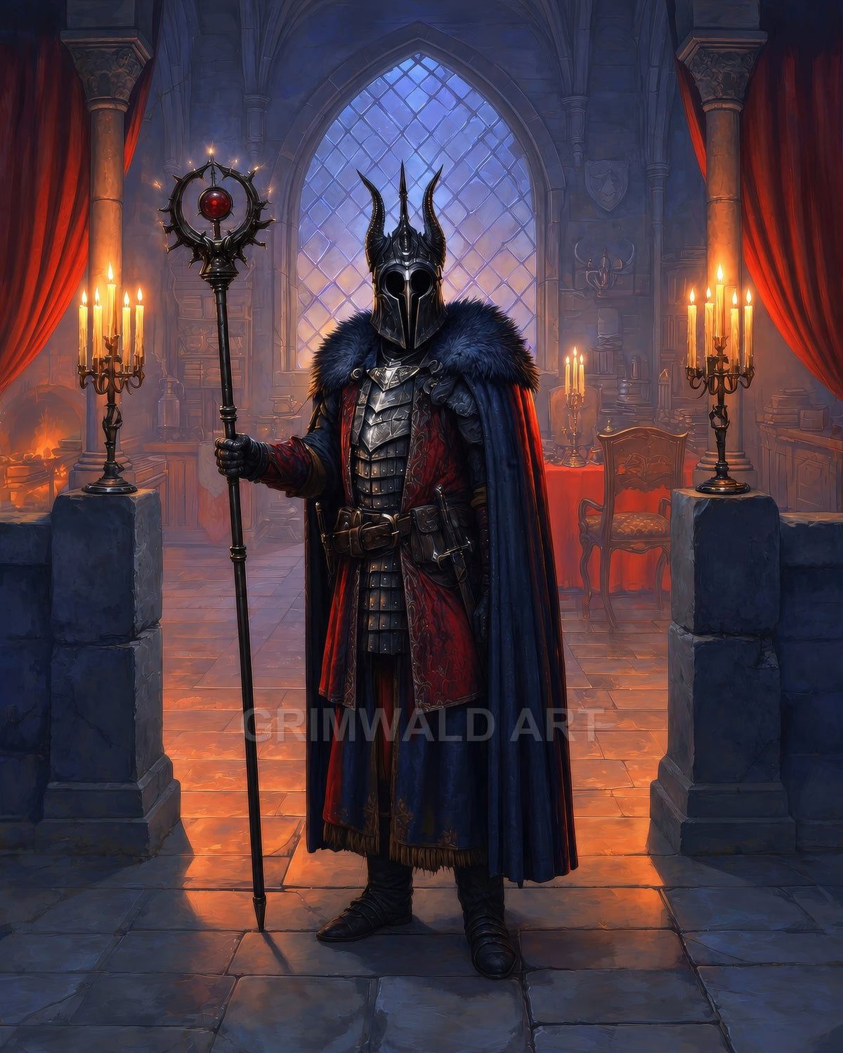 Armoured, horn-helmed warlock holding a staff with red crystal stands in a candlelit castle interior with arched window, red drapes, and books.