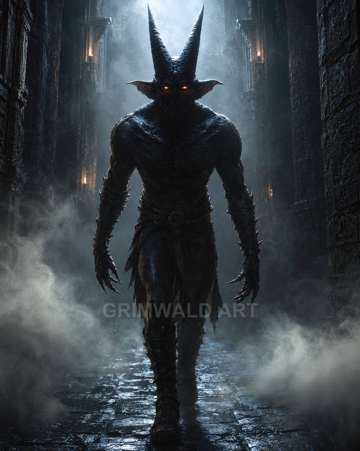 A towering horned demon with glowing eyes strides through a misty gothic corridor, claws extended, lit by dim torchlight and enveloped in shadow.