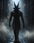 GRID THUMBNAIL — A towering horned demon with glowing eyes strides through a misty gothic corridor, claws extended, lit by dim torchlight and enveloped in shadow.