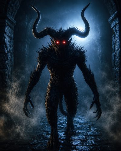 GRID THUMBNAIL — Horned demon with glowing red eyes and clawed hands stalks through a misty stone dungeon, backlit by cold blue light.