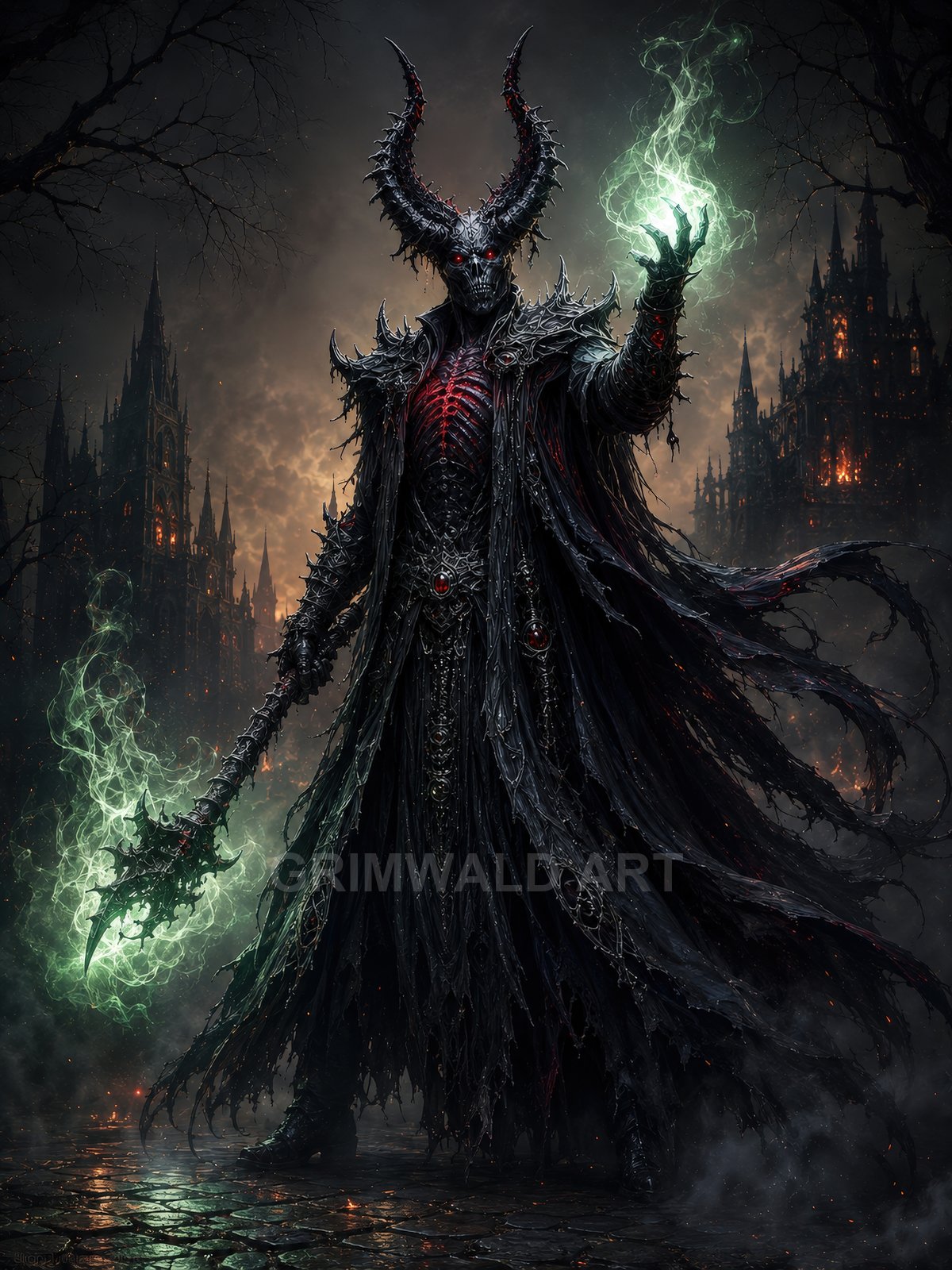 Towering horned demon warlock in tattered black armour conjures green fire, gripping a barbed staff before gothic castles at night with drifting smoke.