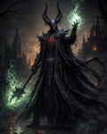 GRID THUMBNAIL — Towering horned demon warlock in tattered black armour conjures green fire, gripping a barbed staff before gothic castles at night with drifting smoke.