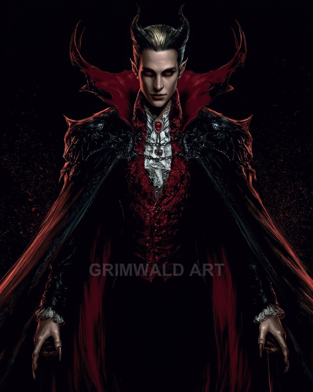 A horned, pale-skinned demon noble in ornate red and black Victorian-style attire, red eyes glowing, high-collared cape spreading against a dark background.