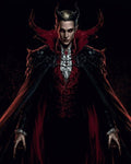 GRID THUMBNAIL — A horned, pale-skinned demon noble in ornate red and black Victorian-style attire, red eyes glowing, high-collared cape spreading against a dark background.