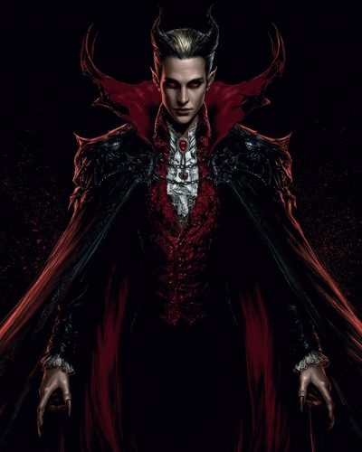 GRID THUMBNAIL — A horned, pale-skinned demon noble in ornate red and black Victorian-style attire, red eyes glowing, high-collared cape spreading against a dark background.