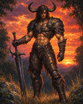 GRID THUMBNAIL — Armoured horned barbarian stands in a forest clearing at vivid orange sunset, gripping a massive greatsword, muscular physique and dark ornate armour.