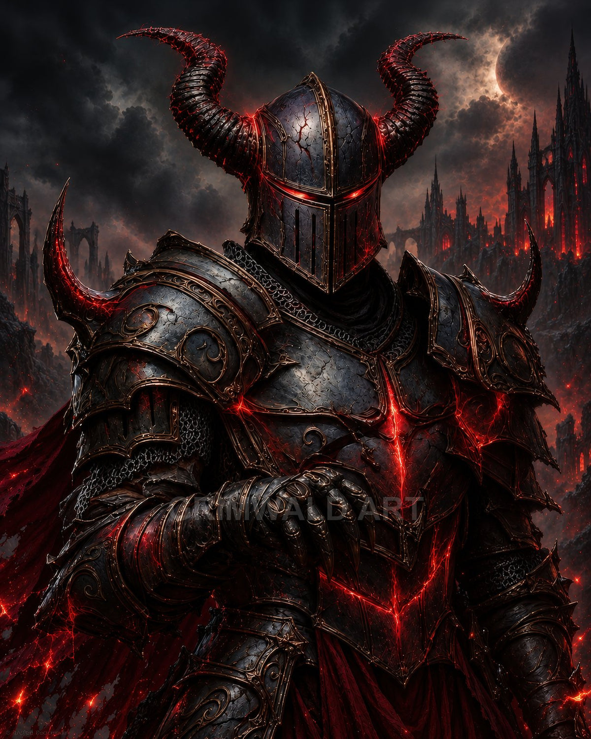 Armoured horned knight with glowing red fissures stands before gothic ruins under a blood-red eclipsed moon, draped in a tattered crimson cloak.