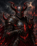 GRID THUMBNAIL — Armoured horned knight with glowing red fissures stands before gothic ruins under a blood-red eclipsed moon, draped in a tattered crimson cloak.