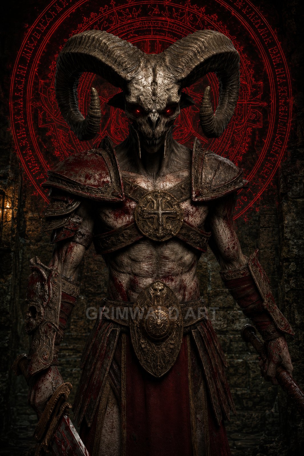 Armoured horned demon with glowing red eyes stands in a dark dungeon before a crimson occult sigil, holding a bloodied sword.
