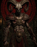 GRID THUMBNAIL — Armoured horned demon with glowing red eyes stands in a dark dungeon before a crimson occult sigil, holding a bloodied sword.