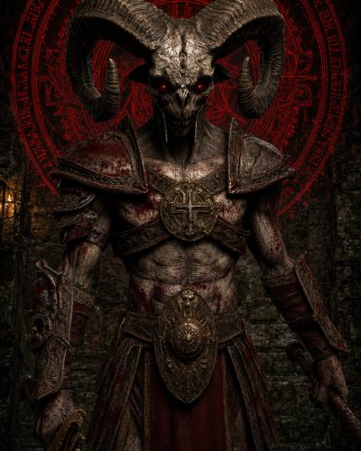 GRID THUMBNAIL — Armoured horned demon with glowing red eyes stands in a dark dungeon before a crimson occult sigil, holding a bloodied sword.