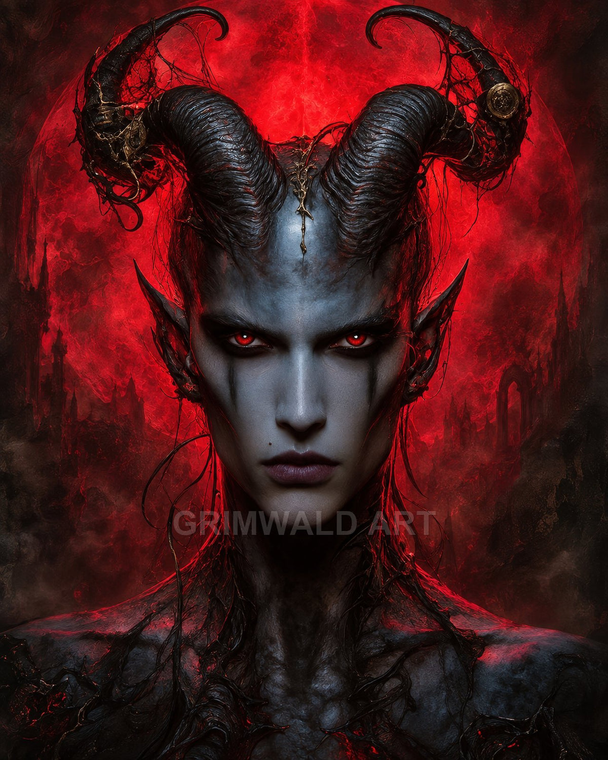 Close-up portrait of an androgynous horned demon with glowing red eyes and ashen skin, framed by gothic ruins before a blazing blood moon.