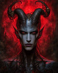 GRID THUMBNAIL — Close-up portrait of an androgynous horned demon with glowing red eyes and ashen skin, framed by gothic ruins before a blazing blood moon.