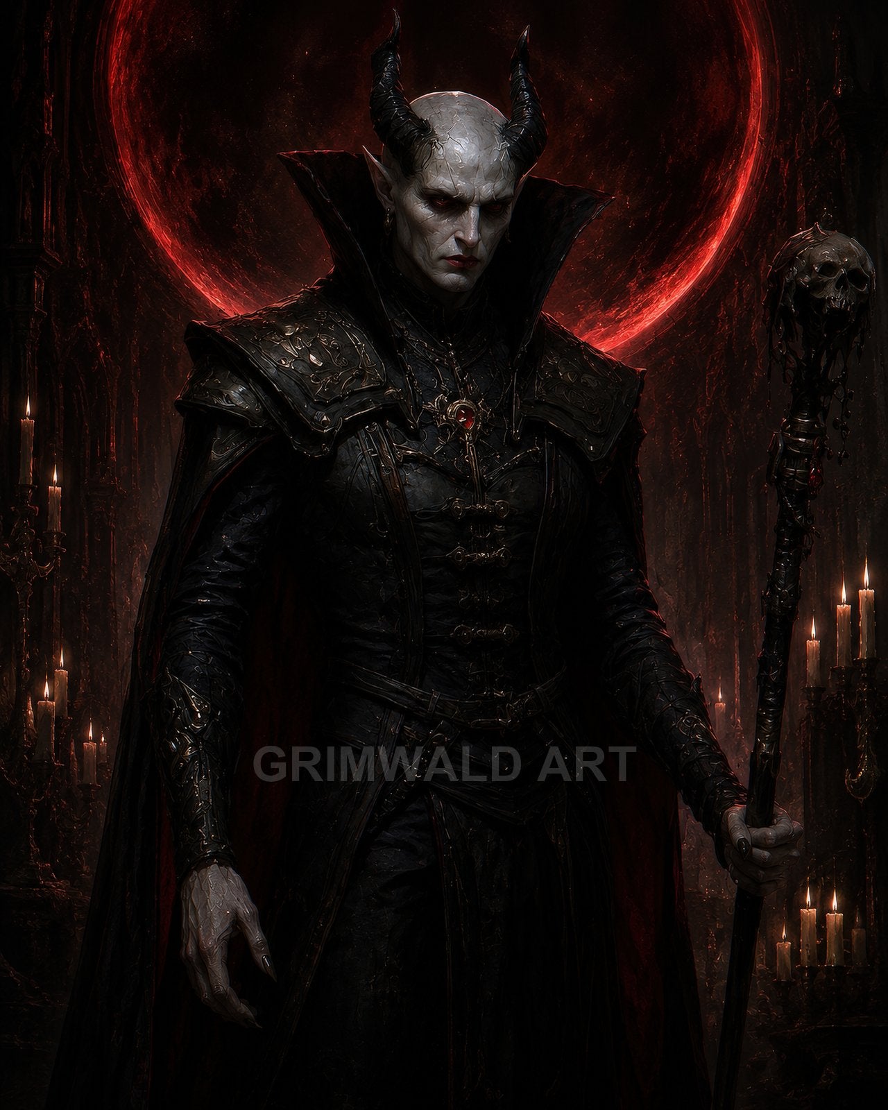 Imposing horned demon necromancer in ornate black armour holds a skull-topped staff before a blood-red eclipsed moon, surrounded by flickering gothic candles.