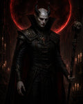 GRID THUMBNAIL — Imposing horned demon necromancer in ornate black armour holds a skull-topped staff before a blood-red eclipsed moon, surrounded by flickering gothic candles.