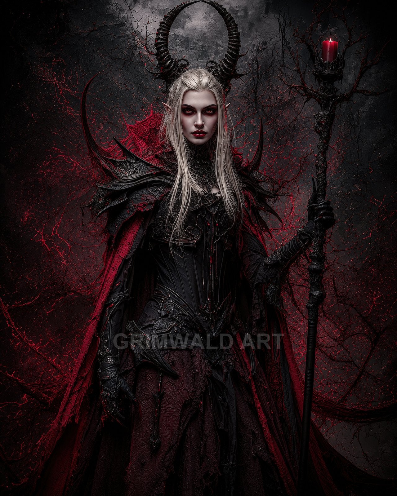 Horned female demon sorceress in black gothic armour and crimson cloak holding a candlelit staff against a dark, red-veined, shadowy backdrop.