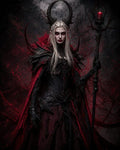 GRID THUMBNAIL — Horned female demon sorceress in black gothic armour and crimson cloak holding a candlelit staff against a dark, red-veined, shadowy backdrop.